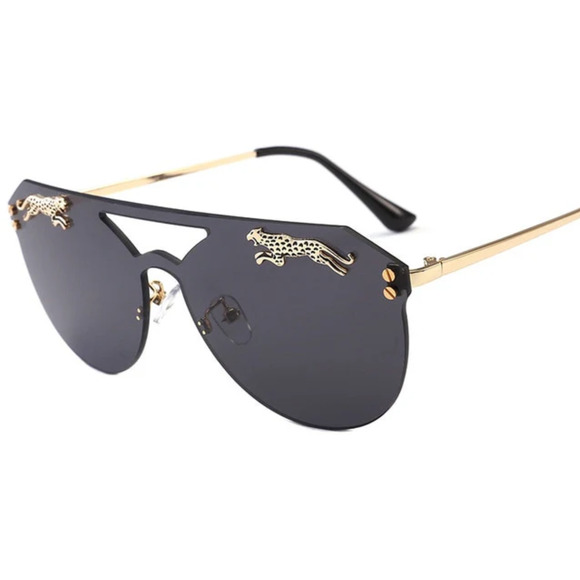 LUXURY Rimless Oversized Cateye Leopard Tiger Sunglasses Gold Accent Black NEW - Picture 2 of 6